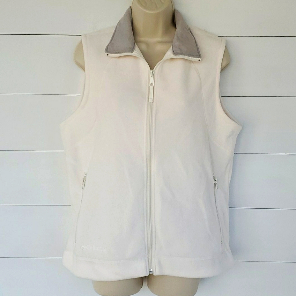 COLUMBIA White Ivory Full Zip Fleece Vest Large